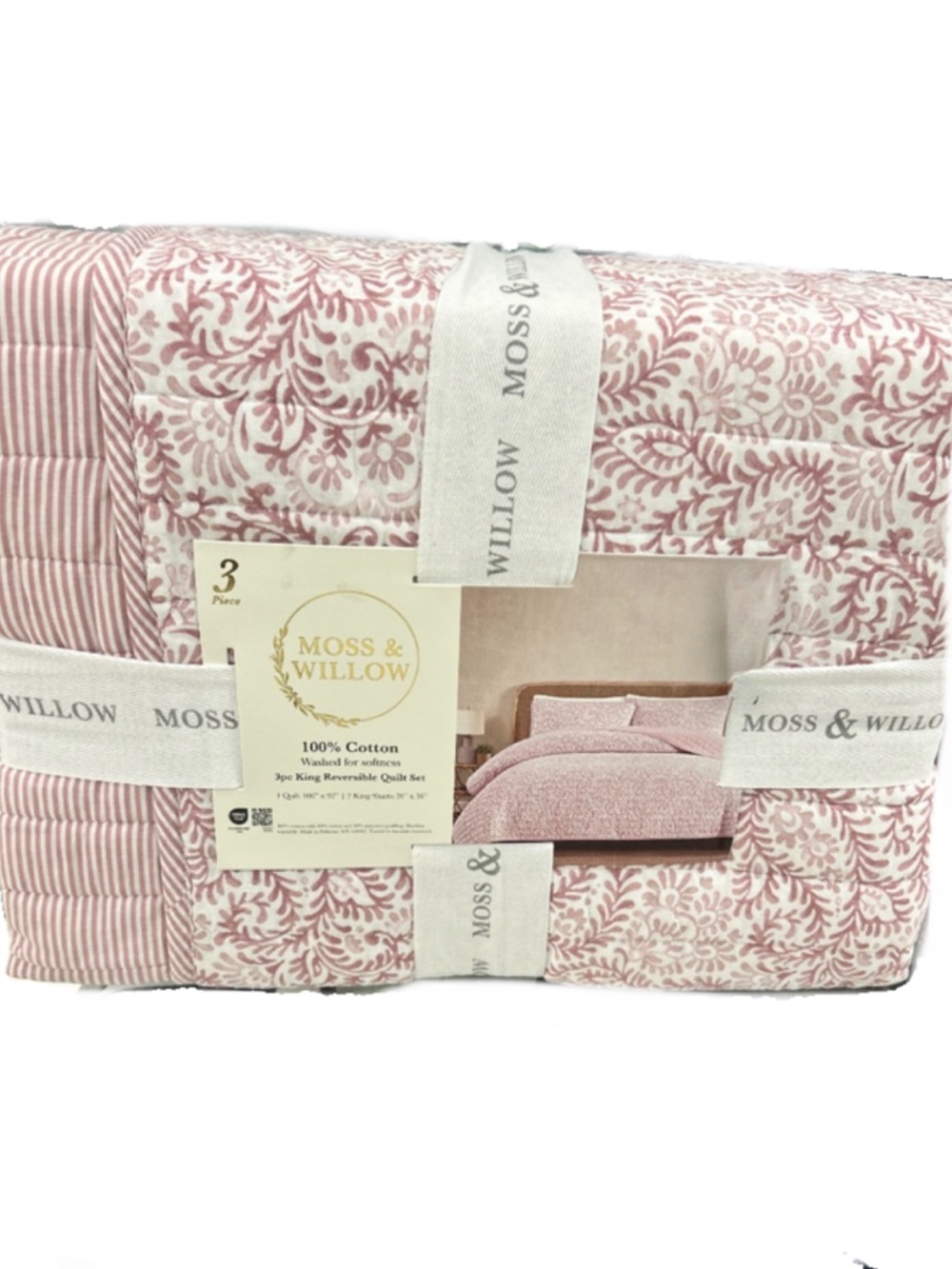 Moss & Willow Reversible Pink and White Cotton King Quilt 106”x92”